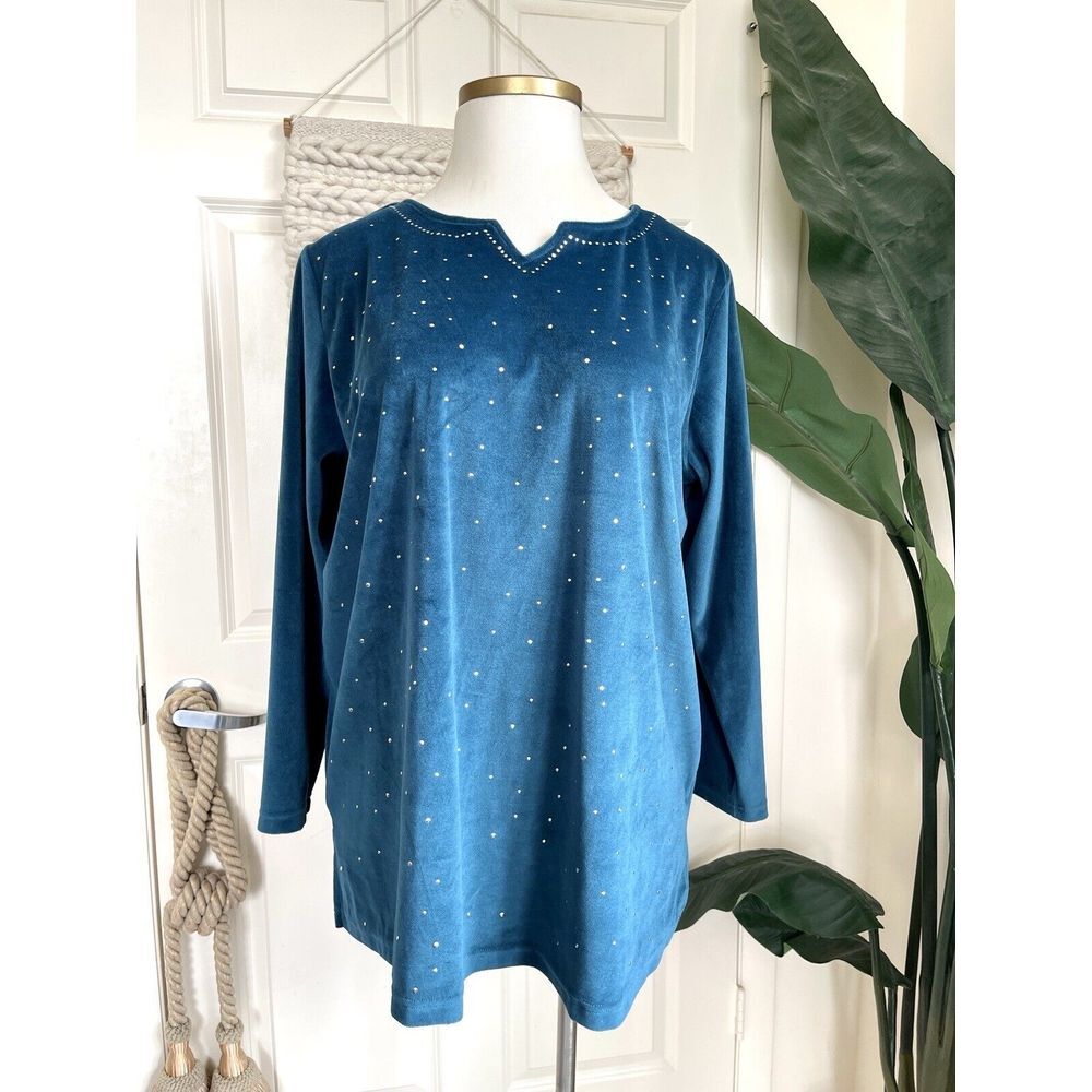 Roamans Women's 1X Teal Velvet Top Polka‎ Dot  3/4 Sleeve Round Neck Blouse